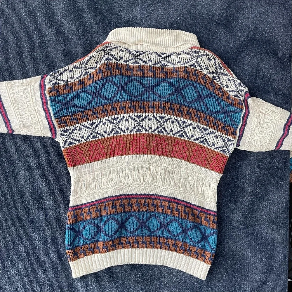 Vintage French Navy Sweater Mens Medium Cream Blue Geometric Shawl‎ Cardigan 90s